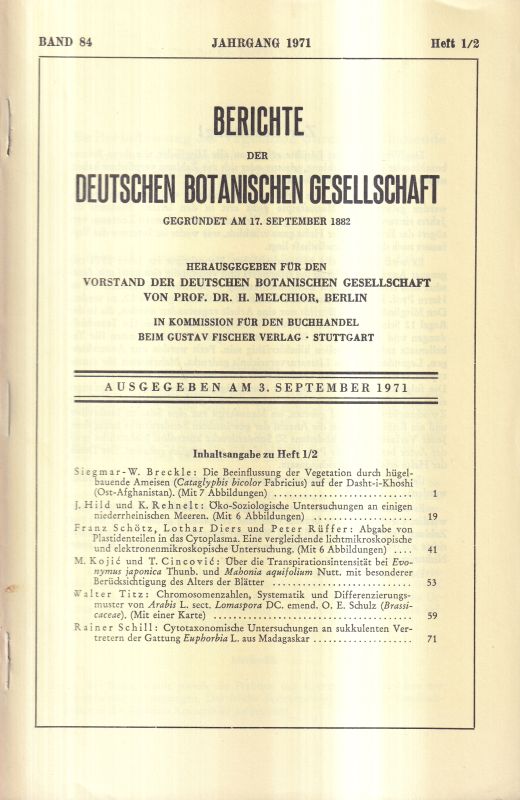 Deutsche Botanische Gesellschaft  Band 84.Jahrgang 1971.Heft 1/2 bis 12 (9 Hefte) 