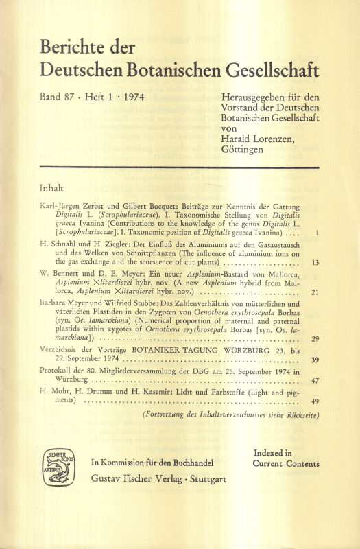 Deutsche Botanische Gesellschaft  Band 87.Jahrgang 1974 Heft 1 bis 3 (3 Hefte) komplett 