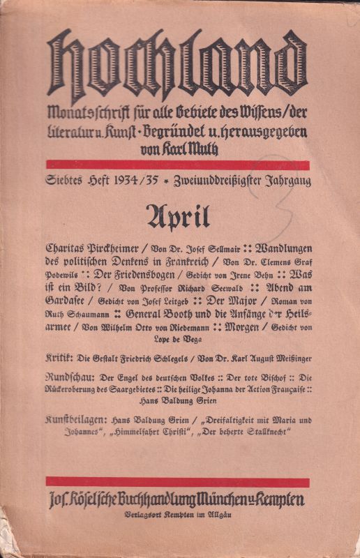 Muth,Karl (Hsg.)  Hochland Zweiunddreißigster Jahrgang 1934/35 Hefte 7 bis 11 (5 Hefte) 
