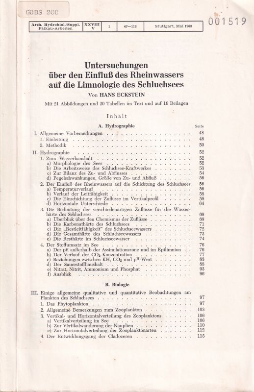 Eckstein,Hans  Untersuchungen über den Einfluß des Rheinwasser auf die Limnologie des 
