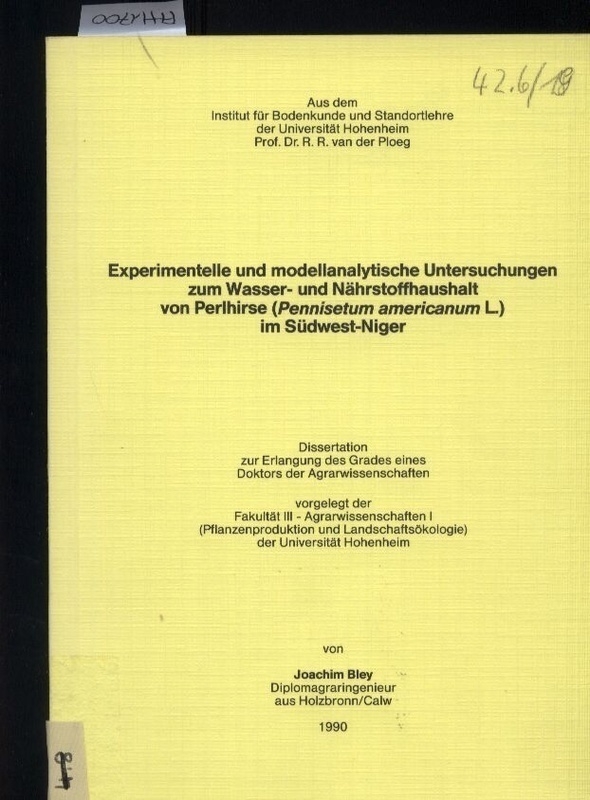 Bley,Joachim  Experimentelle und modellanalytische Untersuchungen zum Wasser- und 