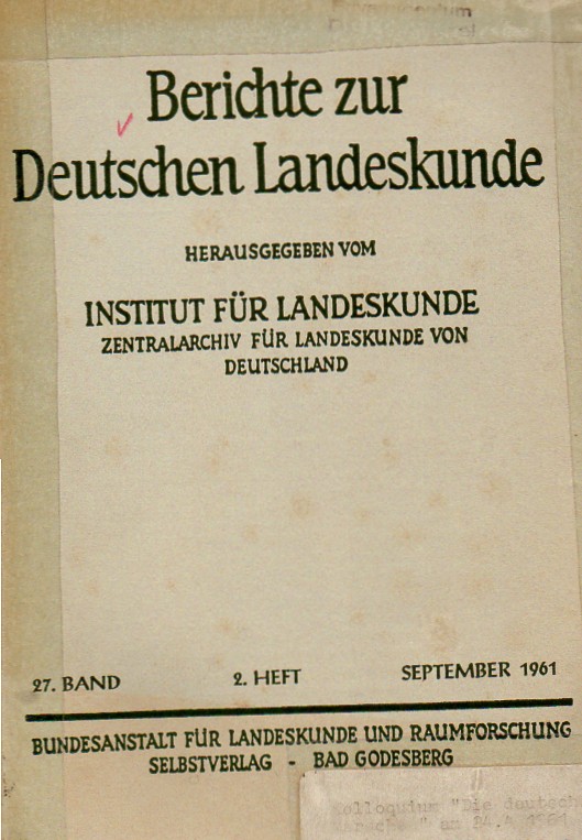 Institut für Landeskunde (Hsg.)  Berichte zur Deutschen Landeskunde 27.Band 1961 2.Heft 