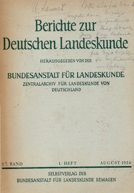 Bundesanstalt für Landeskunde (Hsg.)  Berichte zur Deutschen Landeskunde 17.Band 1956 1.Heft 