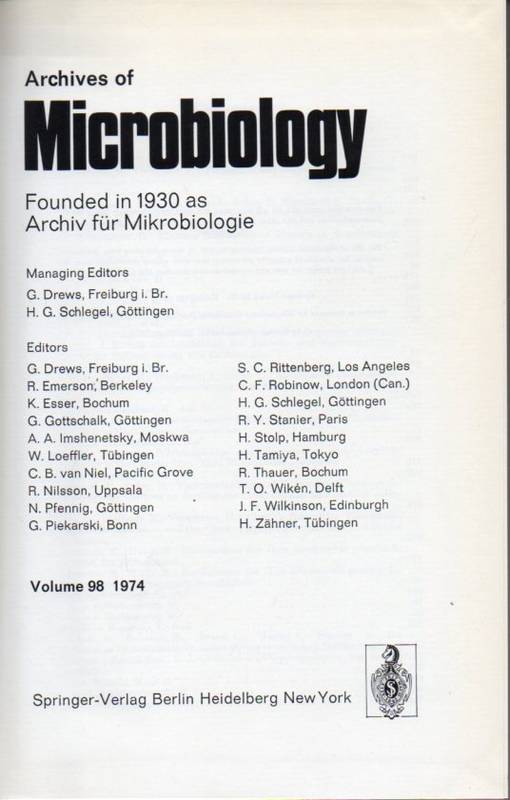 Archives of Microbiology  Archives of Microbiology Volume 98 und 99. Jahr 1974 (1 Band) 
