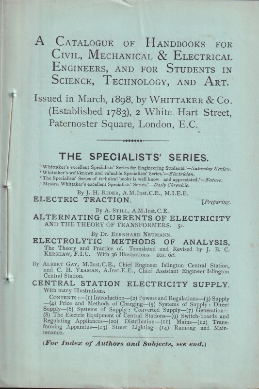 Whittaker & Co.  A Catalogue of Handbooks for Civil, Mechanical & Electrical Engineers 