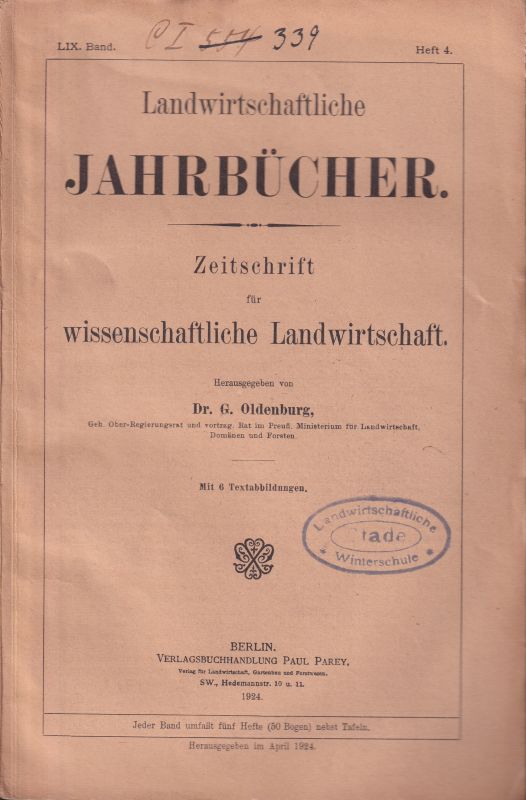 Landwirtschaftliche Jahrbücher  Landwirtschaftliche Jahrbücher LIX.Band 1923 Heft 4 (1 Heft) 