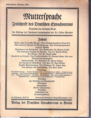 Muttersprache  Muttersprache 43.Jahrgang, Heft 8/9 August / September 1928 