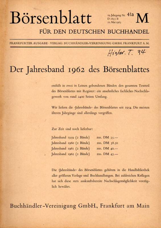 Börsenblatt für den Deutschen Buchhandel  Börsenblatt für den Deutschen Buchhandel 19.Jahrgang 1963 Nr. 41 a 