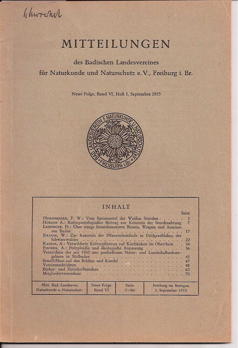 Badischer Landesverein für Naturkunde  Neue Folge Band 6,Heft 1,September 1953 