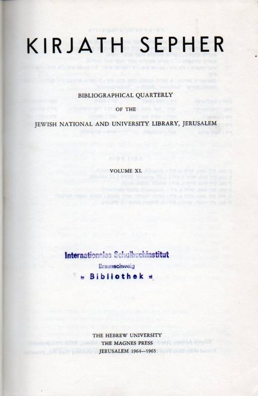 Kirjath Sepher  Vol. 40.Bibliographical Quarterly of the Jewish National and 
