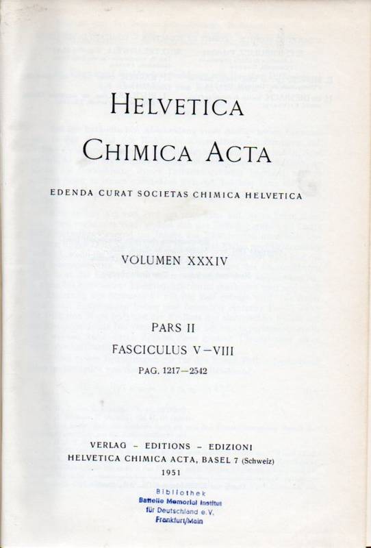Helvetica Chimica Acta  Volumen XXXIV.1951.Pars I und II(2 Bände) 