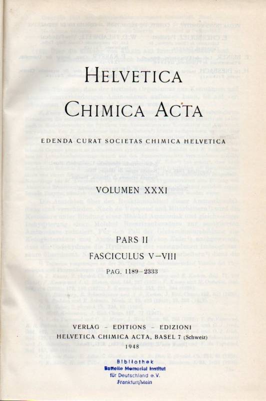 Helvetica Chimica Acta  Volumen XXXI.1948.Pars I und II(2 Bände) 