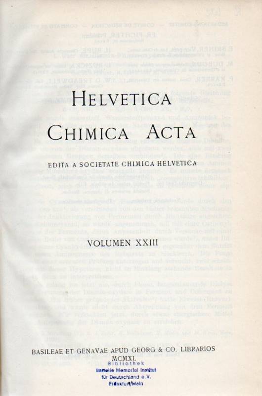 Helvetica Chimica Acta  Volumen XXIII.1940.Pars I und II(2 Bände) 