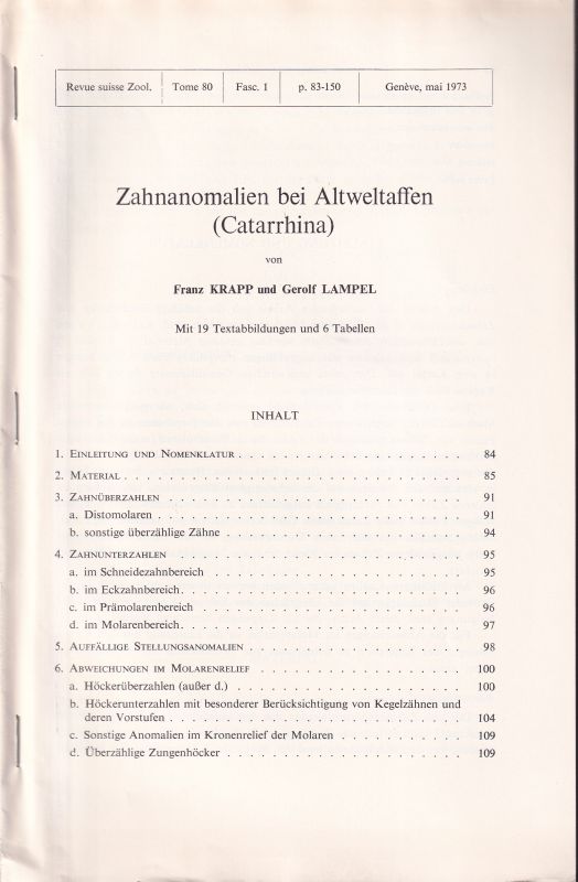 Krapp,Franz und Gerolf Lampel  Zahnanomalien bei Altweltaffen (Catarrhina) 