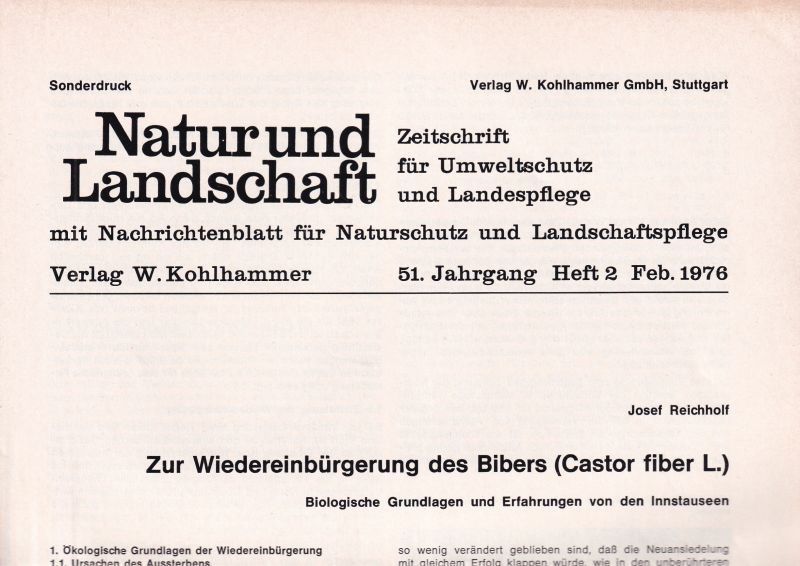 Reichholf,Josef  Zur Wiedereinbürgerung des Bibers (Castor fiber L.) 