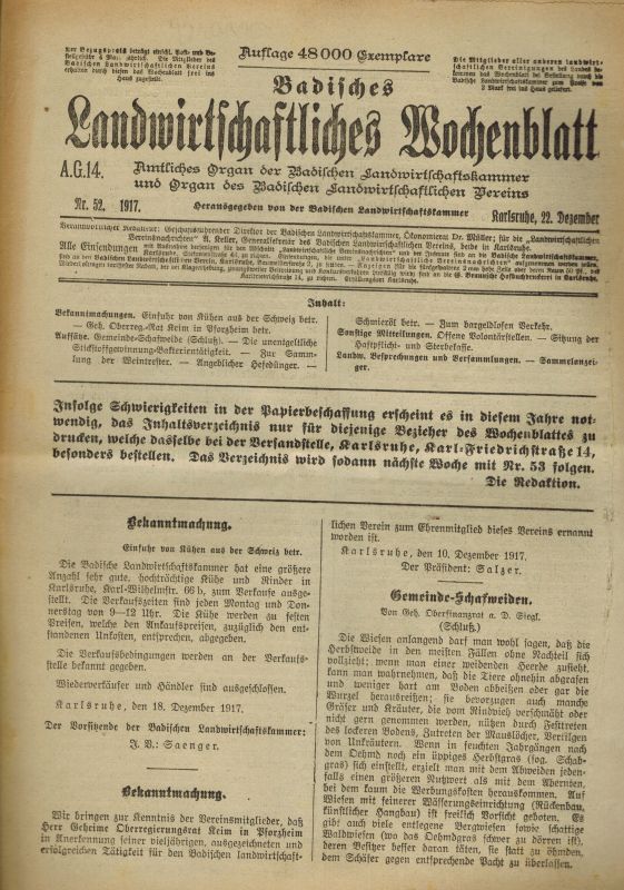 Badische Landwirtschaftskammer (Hsg.)  Badisches Landwirtschaftliches Wochenblatt Jahrgang 1917 unvollständig 