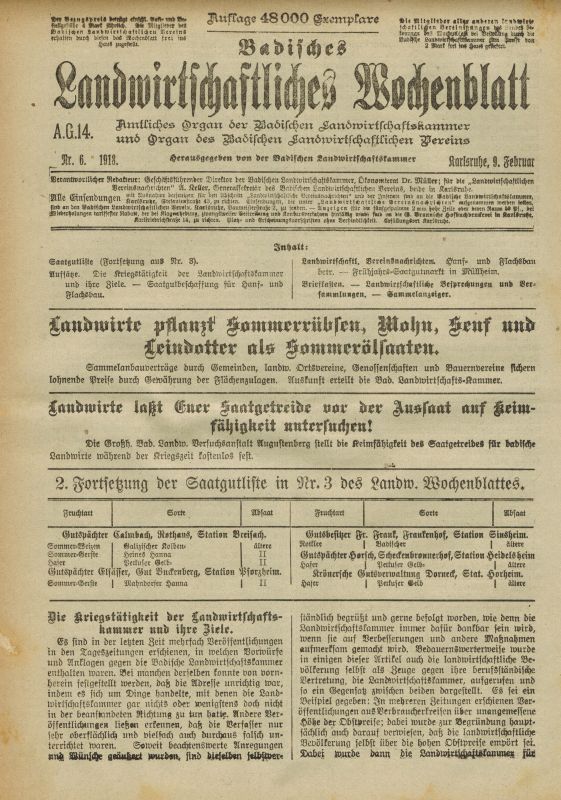 Badische Landwirtschaftskammer (Hsg.)  Badisches Landwirtschaftliches Wochenblatt Jahrgang 1918 unvollständig 