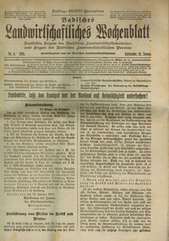 Badische Landwirtschaftskammer (Hsg.)  Badisches Landwirtschaftliches Wochenblatt Jahrgang 1919 unvollständig 