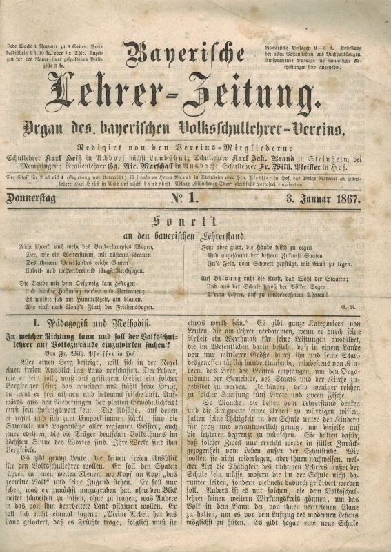 Bayerische Lehrer-Zeitung  Bayerische Lehrer-Zeitung Erster Jahrgang 1867 Heft Nr. 1 bis 52 