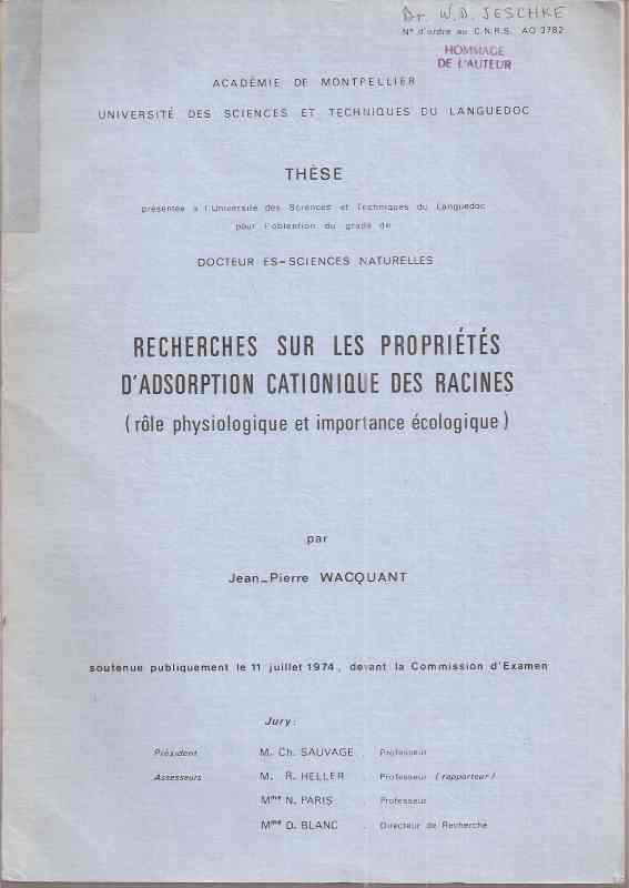 Wacquant,Jean-Pierre  Recherches sur les Proprietes D'Adsorption Cationique des Racines 
