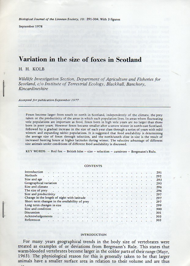 Kolb,H.H.  Variation in the size of foxes in Scotland 