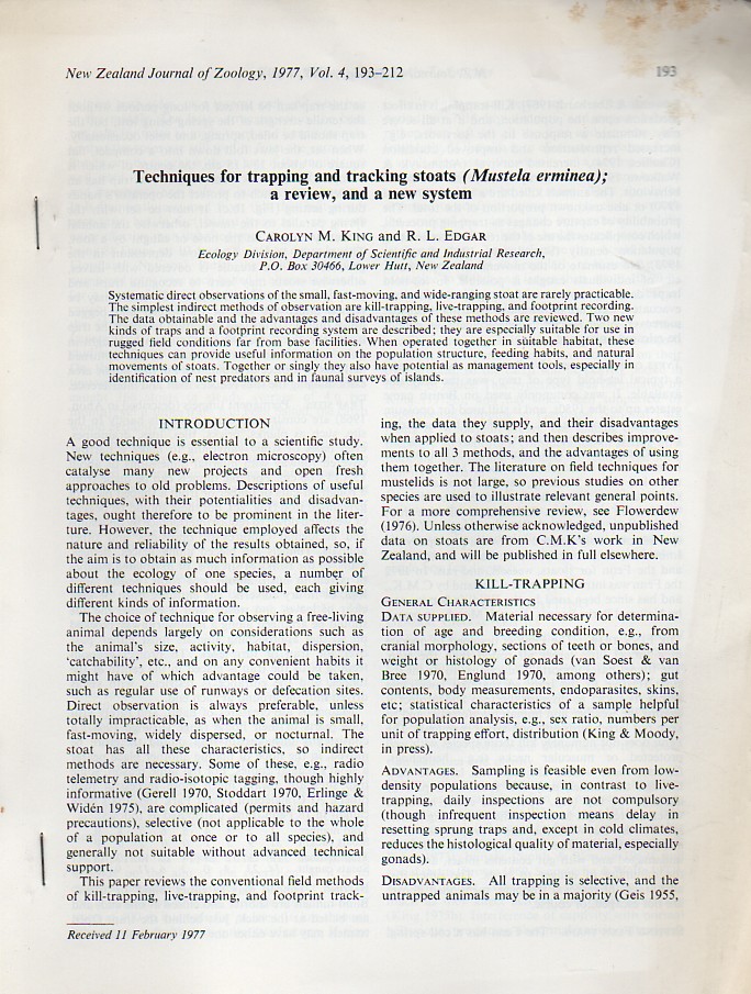 King,Carolyn M. und R.L.Edgar  Techniques for trapping and tracking stoats (Mustela erminea) 