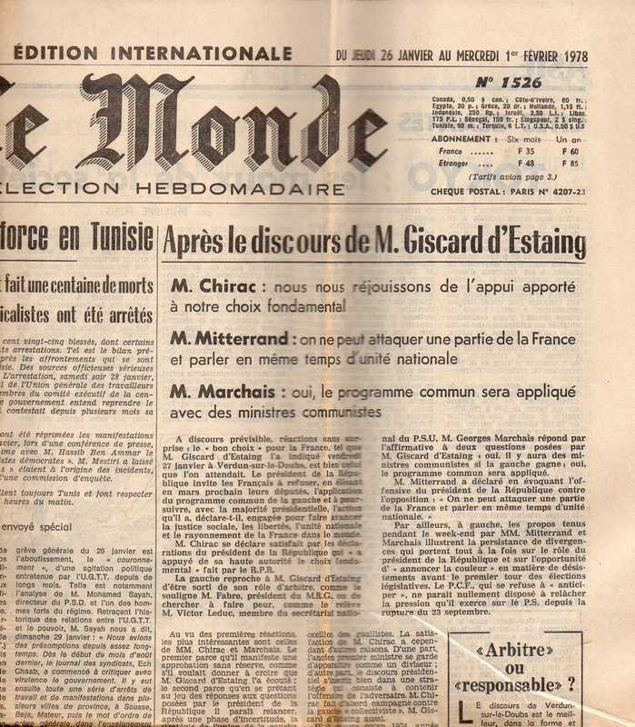 Le Monde  Le Monde Selection Hebdomadaire No. 1526 Du Jeudi 26 Janvier 