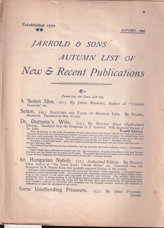 Jarrold & Sons  Jarrold & Sons Autumn List of New & Recent Publications 1898 