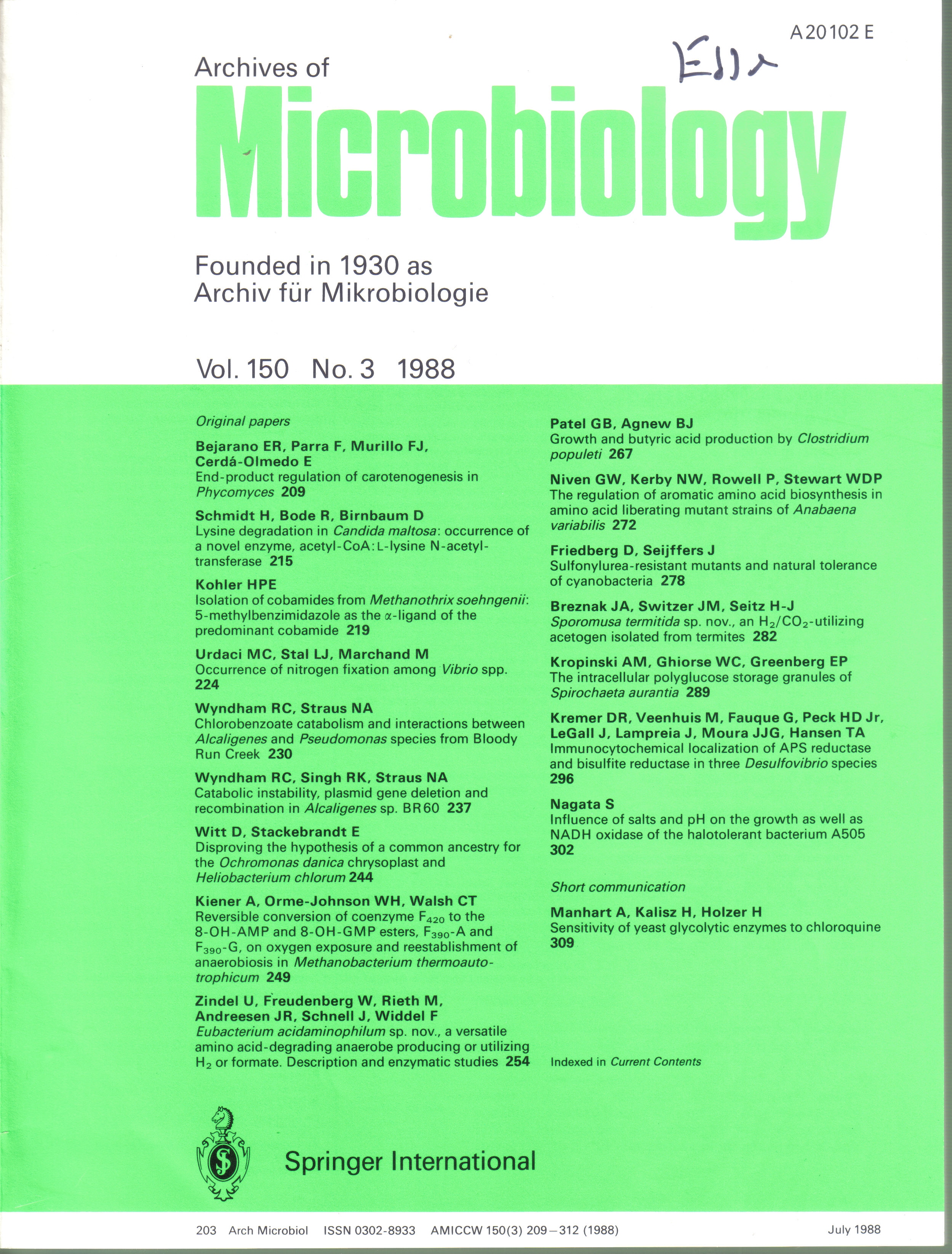 Archives of Microbiology  Archives of Microbiology Volume 150, 1988 No. 1 bis 6 (6 Hefte) 