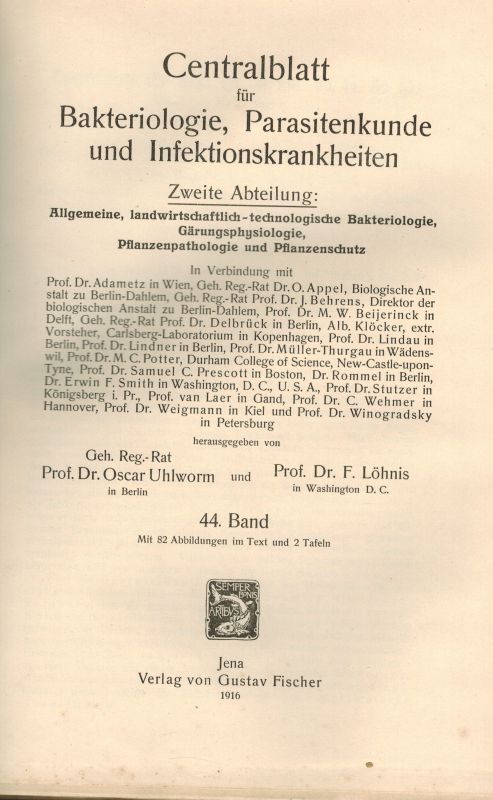 Centralblatt für Bakteriologie, Parasitenkunde  Centralblatt für Bakteriologie, Parasitenkunde Band 44 