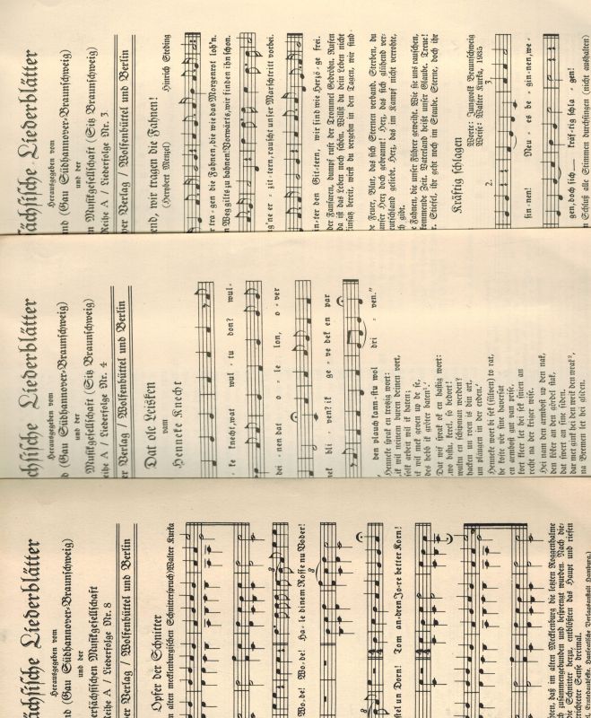 NS-Lehrerbund Gau Südhannover- Braunschweig  Niedersächsische Liederblätter Reihe A Liederfolge Nr. 3, 4 und 8 