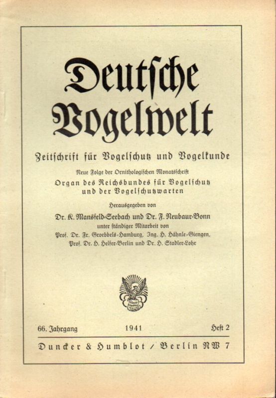 Deutsche Vogelwelt  Deutsche Vogelwelt 66.Jahrgang 1941 Heft 2 (1 Heft) 