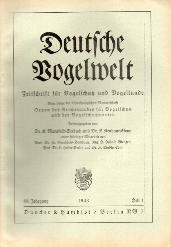 Deutsche Vogelwelt  Deutsche Vogelwelt 68.Jahrgang 1943 Heft 1 (1 Heft) 