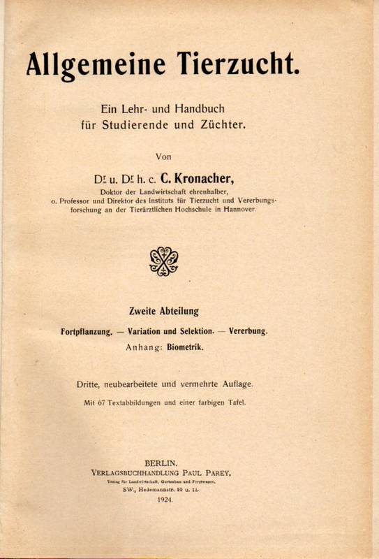 Kronbacher,C.  Allgemeine Tierzucht.Ein Lehr-und Handbuch für Studierende und 