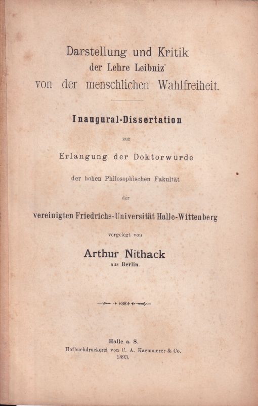 Nithack,Arthur  Darstellung und Kritik der Lehre Leibniz' von der menschlichen 
