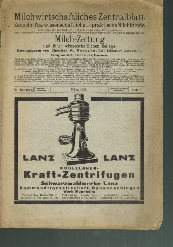 Milchwirtschaftliches Zentralblatt  Milchwirtschaftliches Zentralblatt 54.Jahrgang 1925. Heft 3 