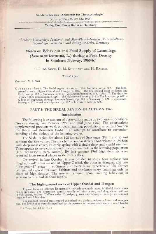 Kock,L.L.de und D.M.Stoddart und H.Kacher  Notes on Behavior and Food Supply of Lemmings (Lemmus lemmus L.) 