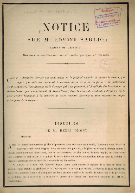 Omont,Henri et Edmond Pottier  Notice sur M. Edmond SAGLIO 