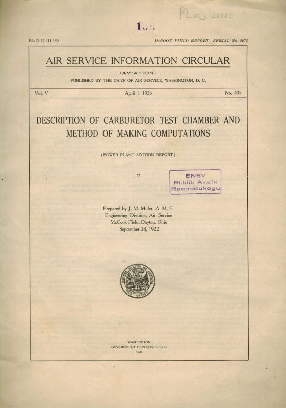 Chief of Air Service  Description of Carburetor Test Chamber and Method of Making 