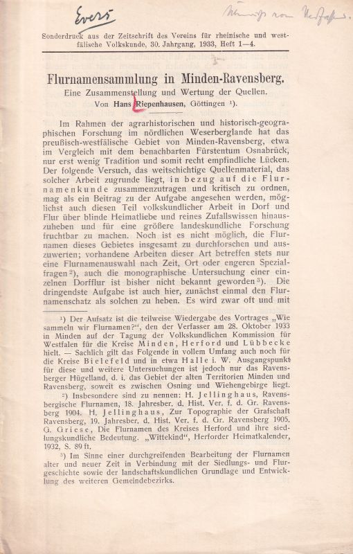 Riepenhausen,Hans  Flurnamensammlung in Minden-Ravensberg 