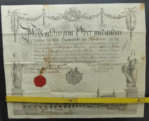 ohne Autor   Meister des löblichen  Handwerks der Tapetzier   ( orginaler  Tapezierer -   Meisterbrief von 1806 )  