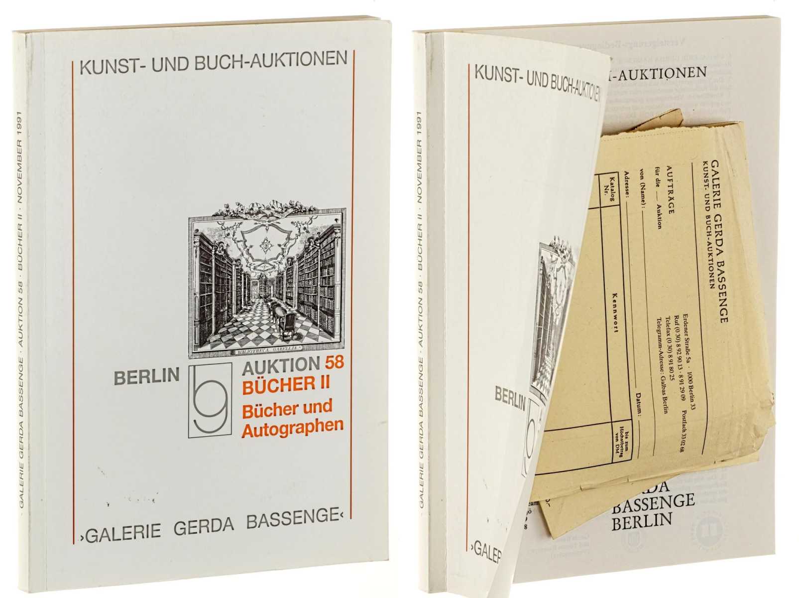 Galerie Gerda Bassenge Berlin:  Auktion 58: Bücher II: Bücher und Autographen. Musik, Tanz, Theater Literatur und Buchillustrationen des 17.-19. Jahrhunderts, Autographen. 15. Nov. 1991. 