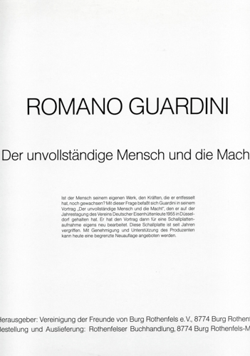 GUARDINI, Romano  Der unvollständige Mensch und die Macht [Vinyl-LP]. Autorenlesung. 