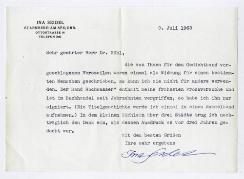 SEIDEL, Ina  Maschinengeschriebener Brief DIN A5 mit eigenhändiger Unterschrift vom 9. Juli 1963. 