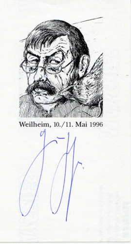 GRASS, Günter  Widmungszettel 7,3 x 13,7 cm anläßlich der Verleihung des Weilheimer Literaturpreises 1996: Porträt des Dichters mit Rättin. 