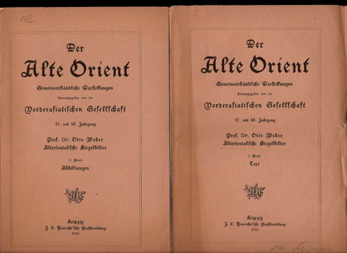 WEBER, Otto  Altorientalische Siegelbilder. 2 Bde. Band 1: Text, Band 2: Abbildungen. 
