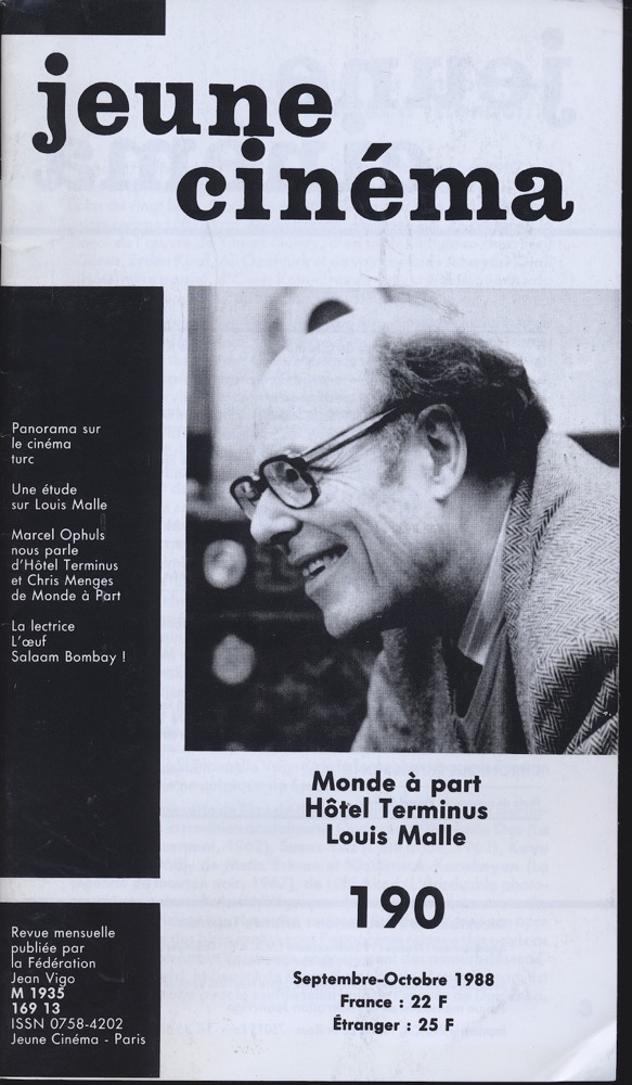   jeune cinéma no. 190 (Septembre-Octobre 1988): Monde à part, Hotel Terminus, Louis Malle. 