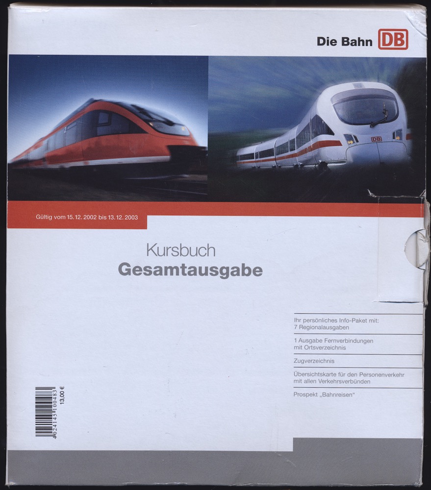 Deutsche Bahn AG  Deutsche Bahn Kursbuch Gesamtausgabe 2003, gültig vom 15.12.2002 bis 13.12.2003 9 Bde. und 1 Übersichtskarte (= kompl. Edition). 