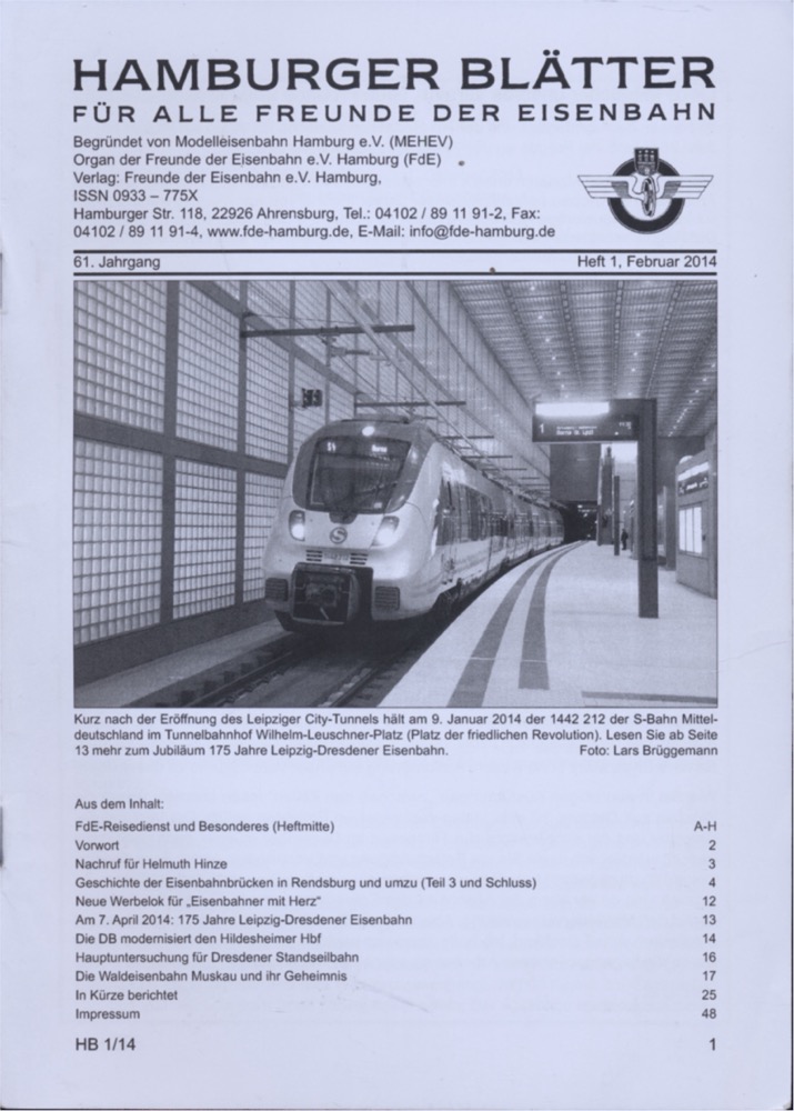 Freunde der Eisenbahn e.V. Hamburg  Hamburger Blätter für alle Freunde der Eisenbahn, 61. Jahrgang 2014: 8 Hefte (=kompl. Jahrgang). 
