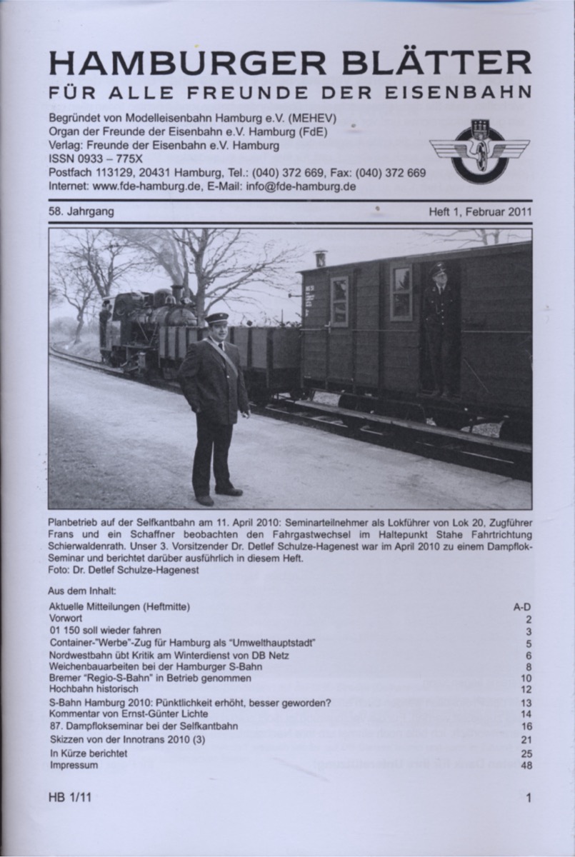 Freunde der Eisenbahn e.V. Hamburg  Hamburger Blätter für alle Freunde der Eisenbahn, 58. Jahrgang 2011: 8 Hefte (=kompl. Jahrgang). 